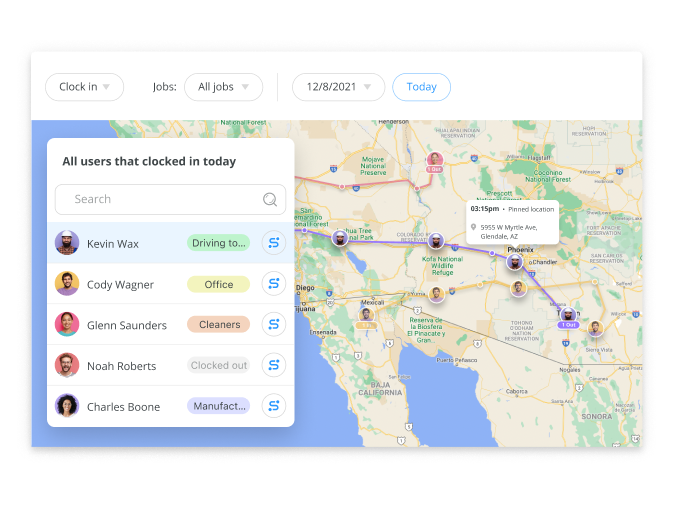 Easily see on a map your entire team or a specific employee