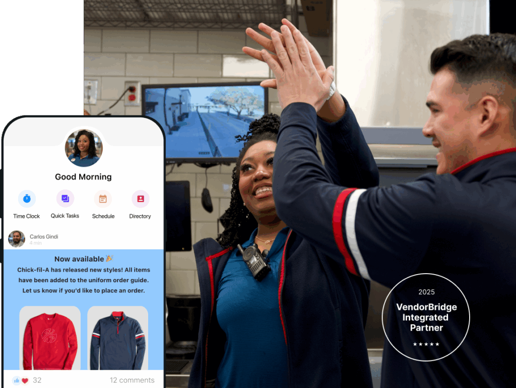 A photo of happy Chick Fil A employees and the Connecteam mobile platform